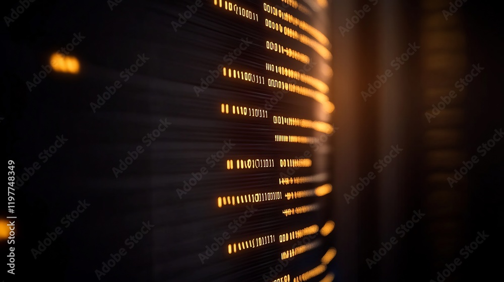 Fototapeta premium Warm golden light illuminates rows of glowing server data. AI Generated