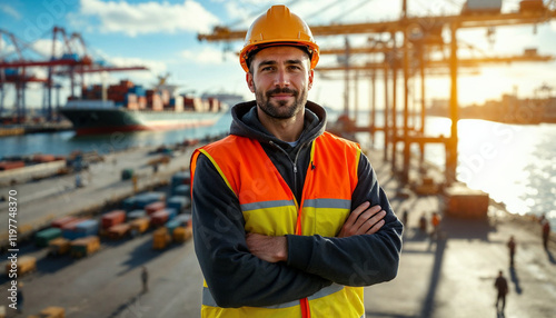 Confident seaport worker in a busy harbor, ideal for industrial and safety promotions.