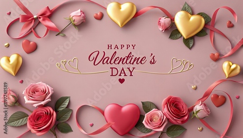Romantic Valentine s Day Background Roses Hearts Ribbons