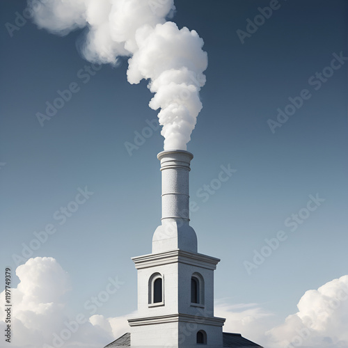 Design an abstract representation of a chimney where the smoke transforms into swirling, ethereal patterns, symbolizing the transition from the tangible to the intangible photo