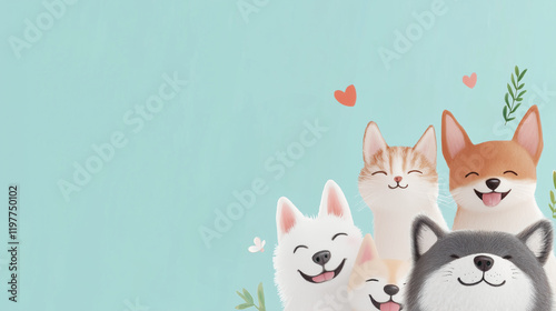 Adorable smiling pets illustration, cute cartoon dogs and cat on pastel background, happy pet shop banner, friendly animal lovers concept, kawaii style pet adoption web header