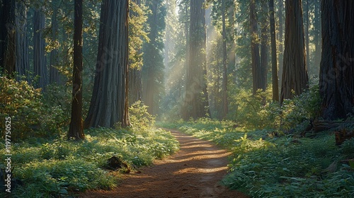 Sunbeams illuminate a path through a lush redwood forest. photo