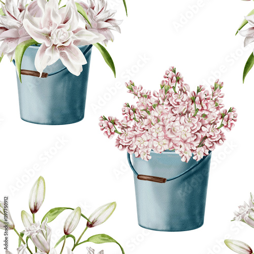Flowers in a bucket or vase. Seamless pattern. watercolor illustration without background. Lilacs and lilies in delicate pastel shades. Pink spring flowers in a metal bucket. Garden flowers photo