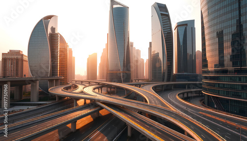 A network of flyovers crisscrossing the city with towering glass skyscrapers