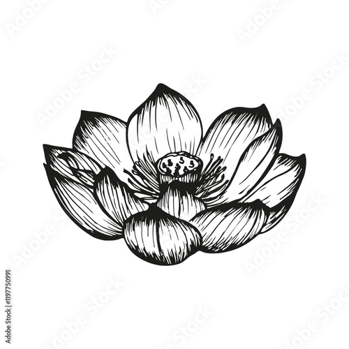 Lotus flower sketch outline illustration. Line art floral botany drawing in engraving style. Hand drawn vector clipart isolated on a white background