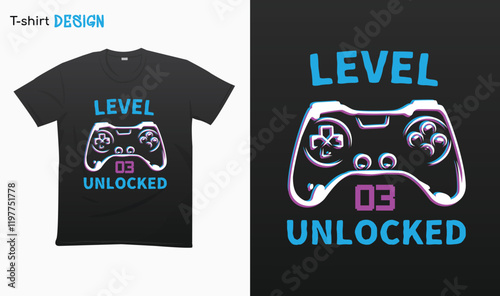 "Level 03 Unlocked" Retro vintage controller design. Funny birthday gaming style, t-shirt. T-shirt mock up vector. Eps 10 vector