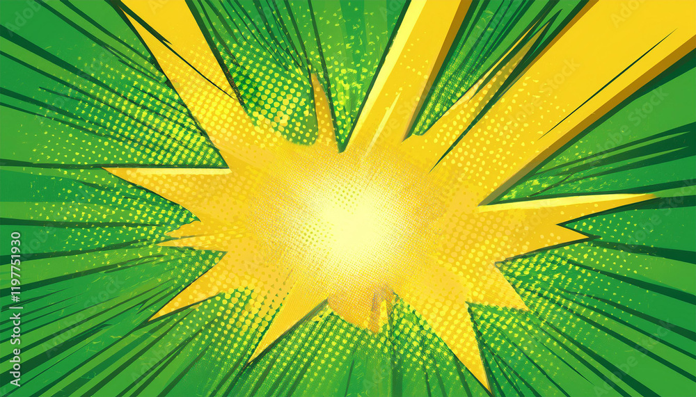 Fototapeta premium green and yellow pop art comic background lightning blast halftone dots