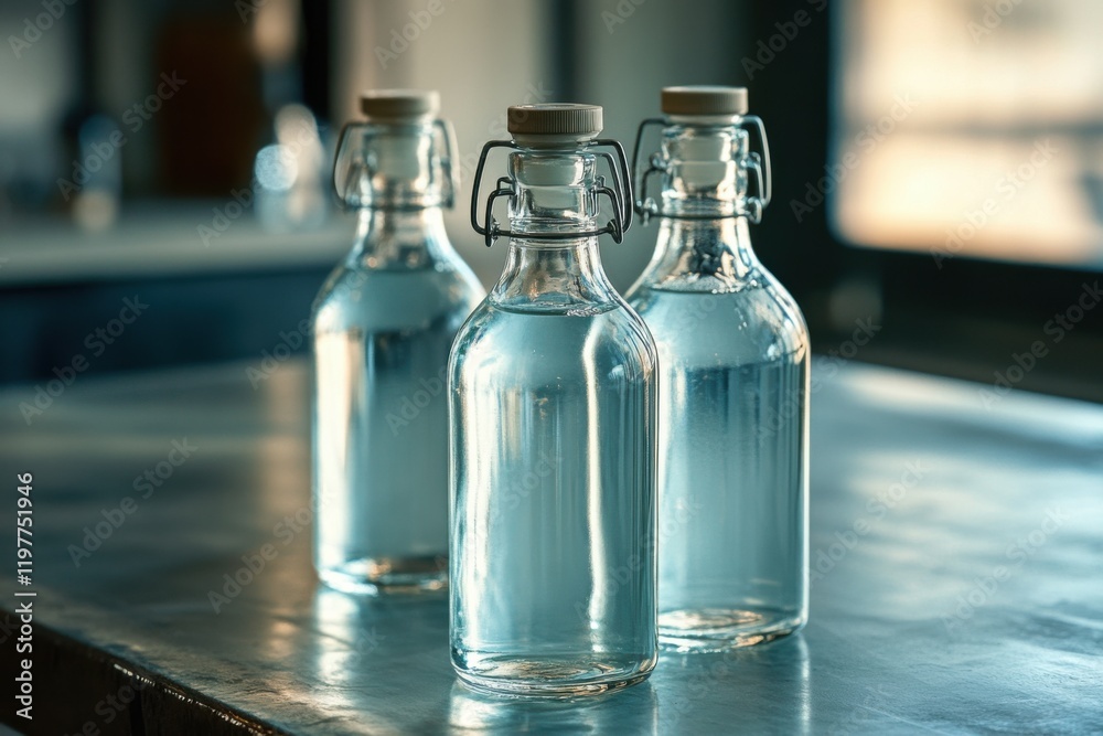 Several bottles of ethyl alcohol on a table Several bottles of ethyl alcohol on a table