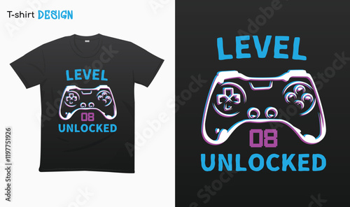 "Level 08 Unlocked" Retro vintage controller design. Funny birthday gaming style, t-shirt. T-shirt mock up vector. Eps 10 vector