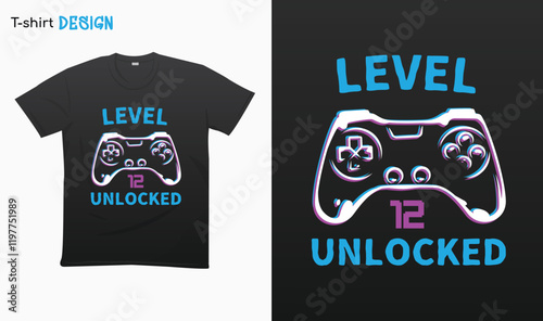 "Level 12 Unlocked" Retro vintage controller design. Funny birthday gaming style, t-shirt. T-shirt mock up vector. Eps 10 vector