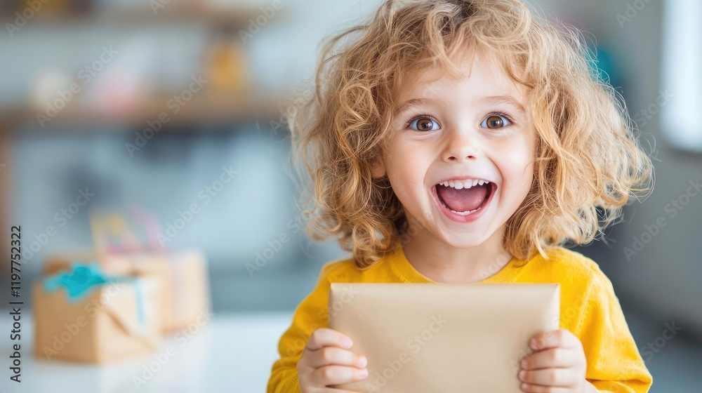 Happy toddler holding gift, home interior, birthday celebration, joyful expression Happy toddler holding gift, home interior, birthday celebration, joyful expression