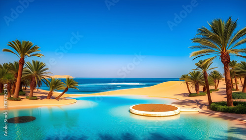The tranquil desert oasis features a sparkling blue lagoon surrounded by lush palm trees
