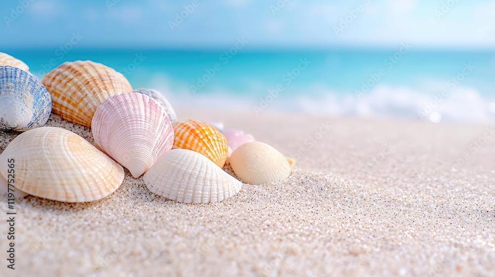 Seashells on sandy beach, ocean background, summer vacation Seashells on sandy beach, ocean background, summer vacation