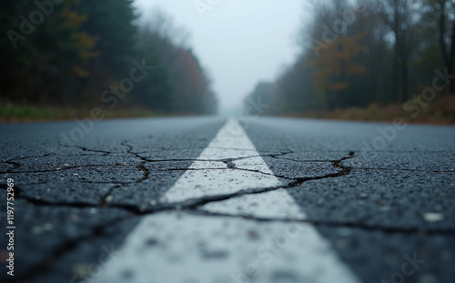 close-up of an empty asphalt road with a dividing line on a cloudy day