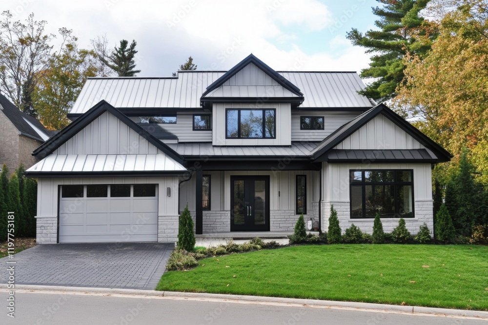 This contemporary family residence proudly displays a sleek architectural design and an elegant facade, nestled in a tranquil neighborhood embraced by lush greenery This contemporary family residence proudly displays a sleek architectural design and an elegant facade, nestled in a tranquil neighborhood embraced by lush greenery