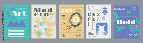 Abstract cover typography template. Posters layouts with bold forms, compositions with naive symbols, mountains, sun, eye, dots, circle, other. Modern banners set in retro design. Vector illustration.