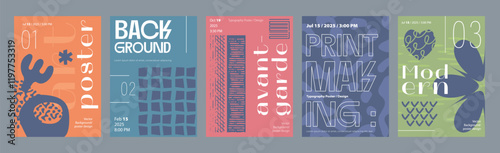 Abstract cover typography template. Posters layouts with expressive bold forms and dynamic organic shapes, flower, grids with grunge texture. Modern banners set in retro design. Vector illustration.