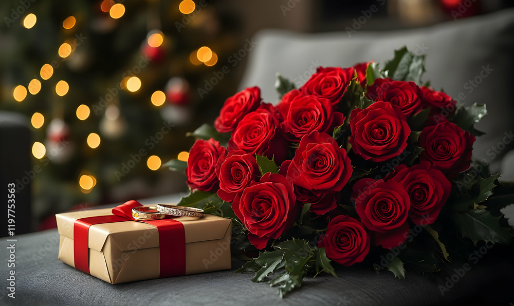 Obraz premium Festive Red Roses, Gift, Christmas