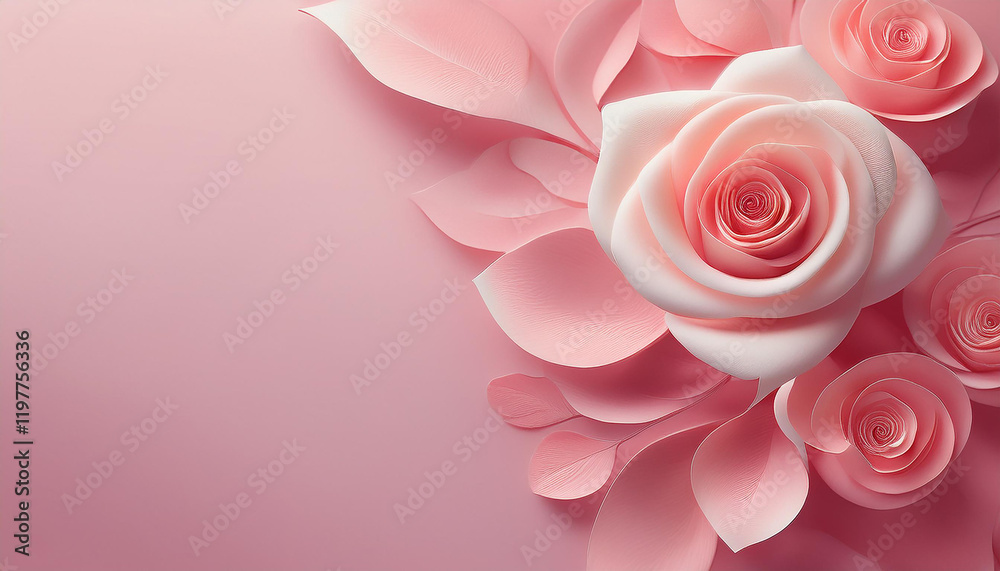 A beautiful arrangement of pink roses on a soft pink background. The roses are in full bloom and have a delicate, almost papery quality.