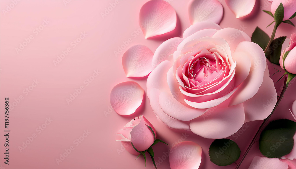 A beautiful arrangement of pink roses on a soft pink background. The roses are in full bloom and have a delicate, almost papery quality.