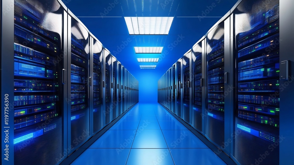 Fototapeta premium Cool blue light illuminates rows of powerful server racks in a modern data center. AI Generated