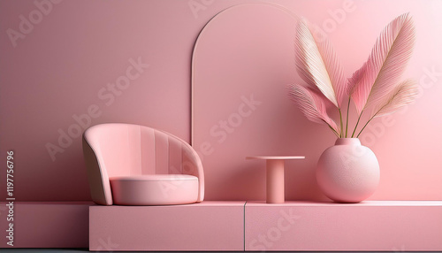 A minimalist, modern interior design featuring a soft pink color palette. A plush pink armchair sits on a raised platform