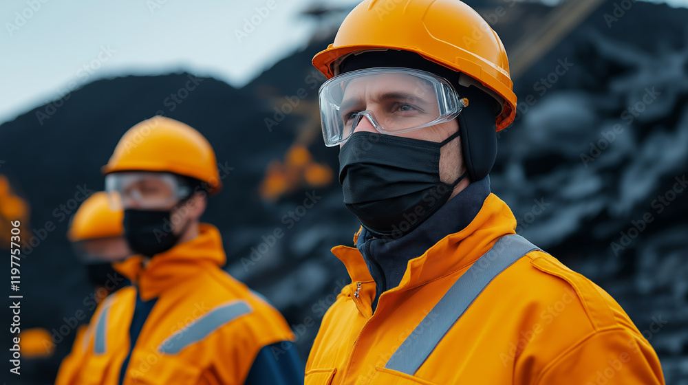 Workers in protective gear inspecting coal stockpiles, emphasizing safety and teamwork Workers in protective gear inspecting coal stockpiles, emphasizing safety and teamwork