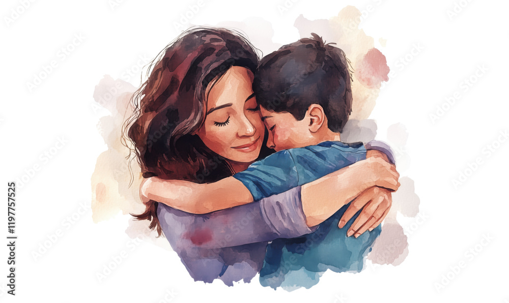 Emotional embrace between mother and son, showcasing love, warmth, and connection in a watercolor illustration, isolated on transparent background, png
