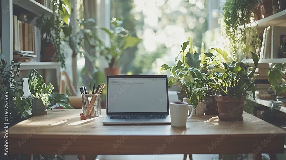 Fototapeta premium Sunlit home office desk with laptop, plants, and coffee.