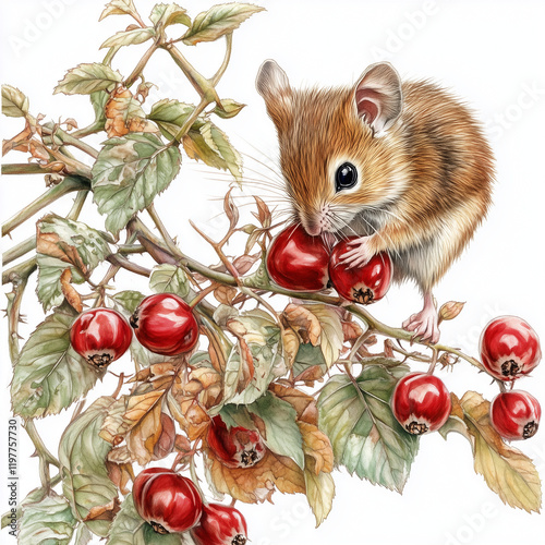 Illustration of the Garden Dormouse sitting on the branch, soft watercolor tones, white background, detailed illustration, cartoonish.