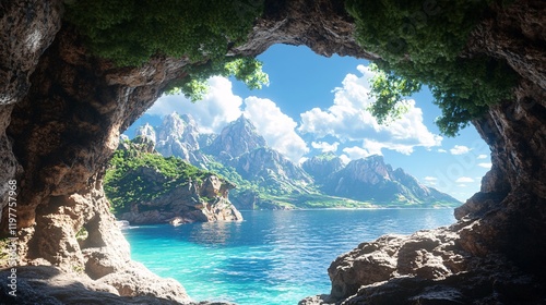 Wallpaper Mural Breathtaking view of mountains and clear blue water from a coastal cave Torontodigital.ca