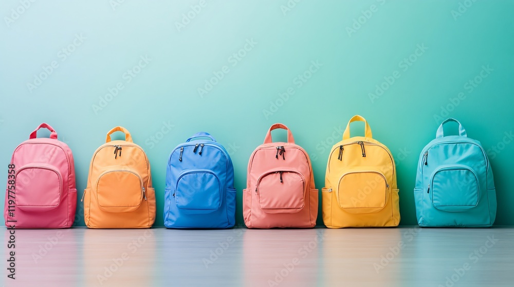 Colorful backpacks arranged in a modern space against a vibrant background Colorful backpacks arranged in a modern space against a vibrant background