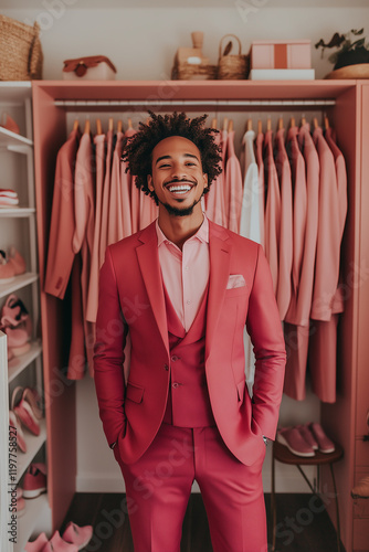 A man in a red jacket and formal three-piece suit smiles, standing in front of a pink wardrobe. Prepared for a wedding or Valentine's Day festivities. photo