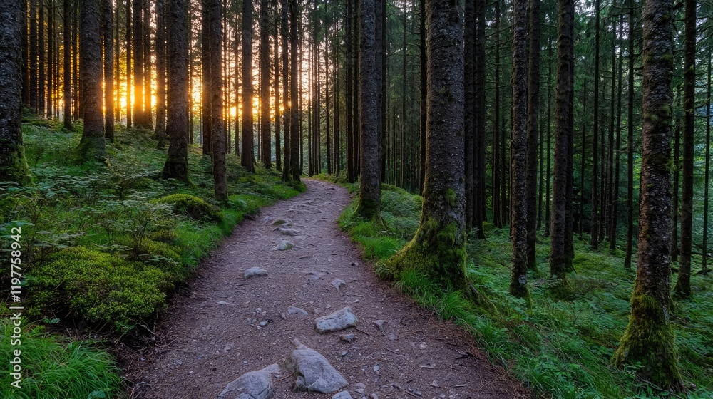 Obraz premium Sunset forest path hike nature trail