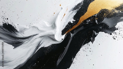Dynamic abstract artwork featuring black, white, and gold colors on a textured surface