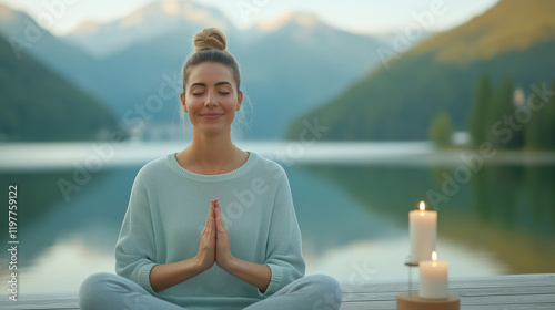 A woman practicing mindfulness by the tranquil lakeside, surrounded by nature and peaceful vibes photo