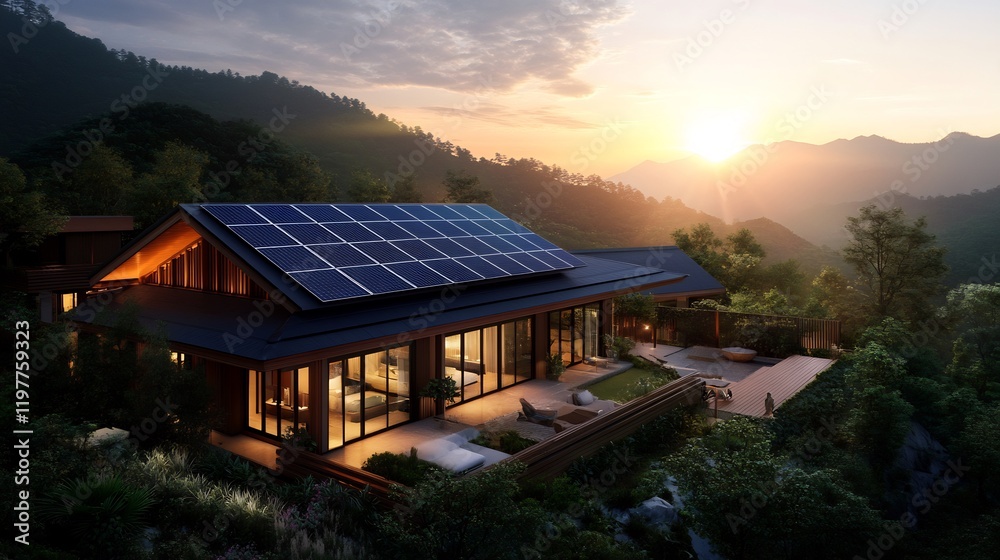 Modern Solar Powered House on Mountainside at Sunset Modern Solar Powered House on Mountainside at Sunset