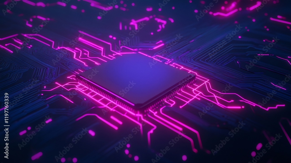 Obraz premium Glowing Pink Circuit Board with Central Processor. AI Generated