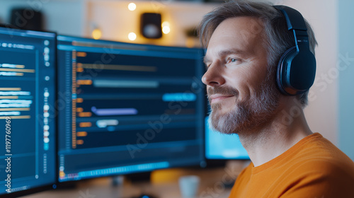 A professional photographer editing images on a computer with dual monitors and headphones photo