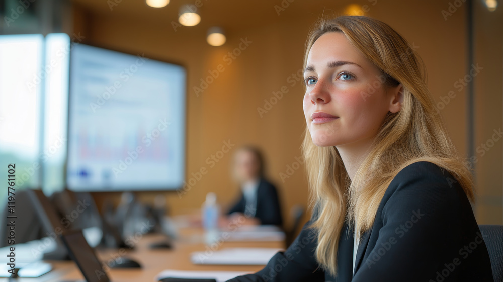 A professional businesswoman presenting data on a digital screen during a business meeting A professional businesswoman presenting data on a digital screen during a business meeting