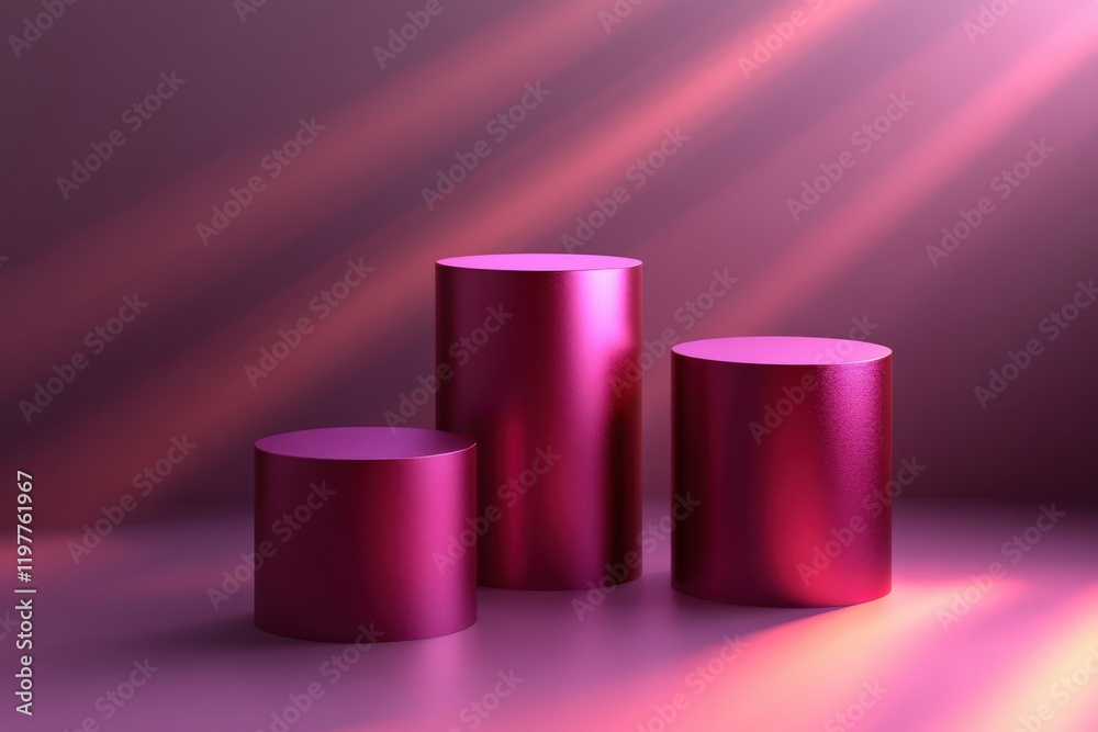 Three Metallic Pink Cylinders on Purple Background Three Metallic Pink Cylinders on Purple Background