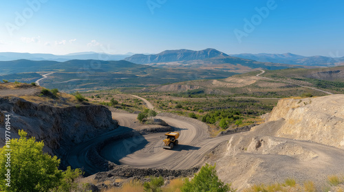 A panoramic view of a coal mine with rugged terrain and a mining truck in operation photo