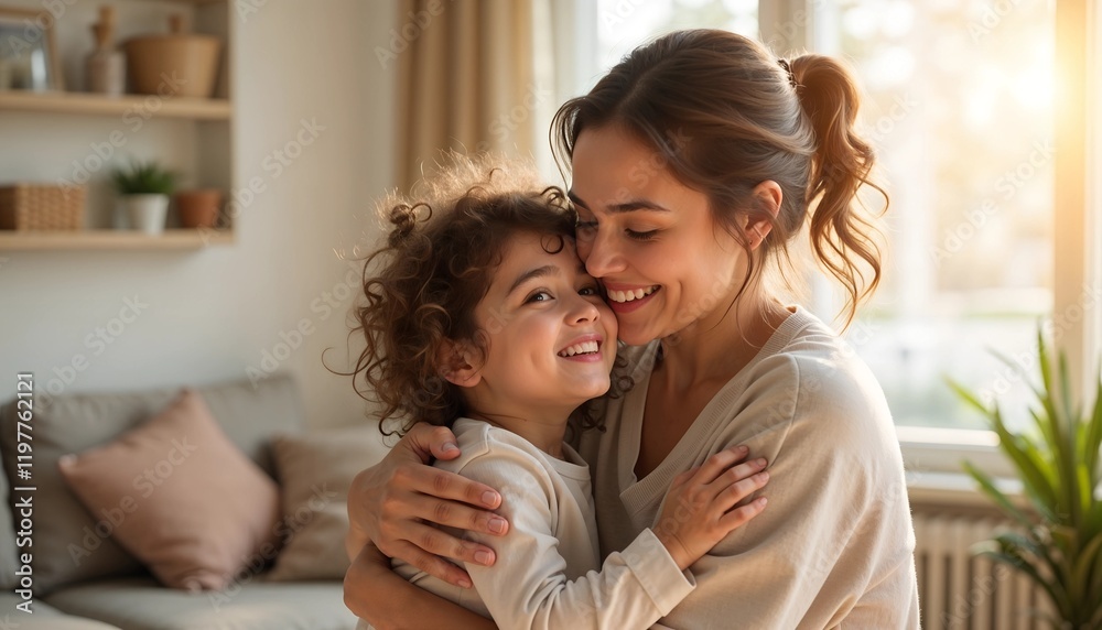 Mother and child smiling and embracing in a cozy living room filled with sunlight Mother and child smiling and embracing in a cozy living room filled with sunlight