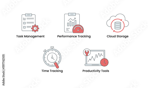 Task Management and Productivity icon set. Includes Task Management, Performance Tracking, Goal Setting, Time Tracking, and Productivity Tools icons. Vector icon set.