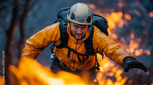portrait of a firefighter in a fire. Brave rescuer.