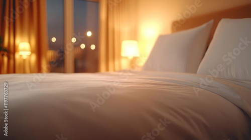 Comfortable double bed with white pillows and duvet in a cozy hotel room with warm lighting and city bokeh at night.