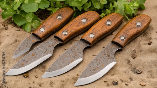 Set of four rustic knives with wooden handles on earthy surface and greenery photo