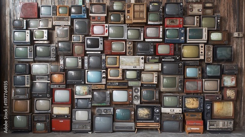 Vintage televisions arranged in an artistic display at an urban exhibition space photo