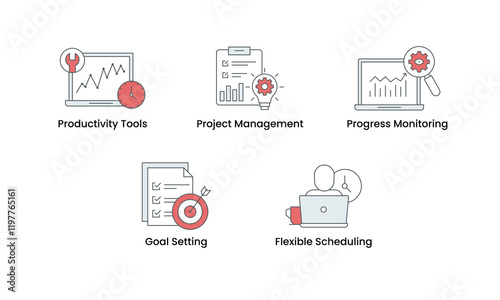 Productivity and Project Management icon set. Includes Productivity Tools, Project Management, Progress Monitoring, Goal Setting, and Flexible Scheduling icons. Vector icon set.