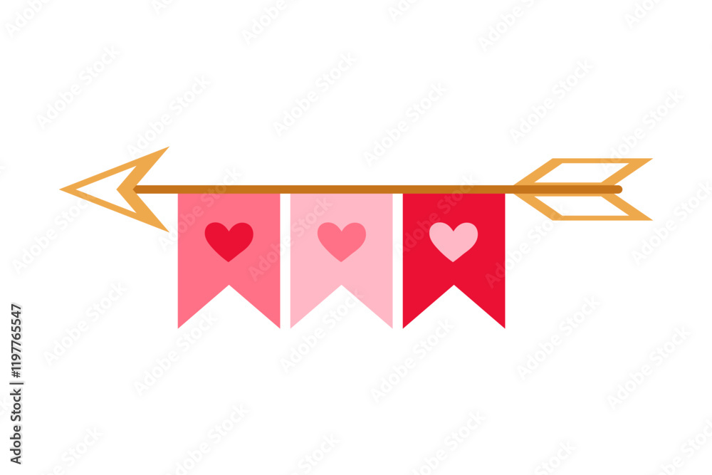 Golden arrow. Arrow icon with flags and hearts. Direction, path. Flat illustration on white background.